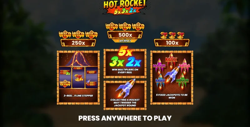 Hot Rocket 5x 3x 2x - main menu with reels and spin button